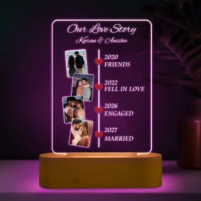 Personalized Our Love Story Couple Photo LED Lamp with Light & Wooden Stand Anniversary Gift for Husband Wife Birthday Gift Memorable Gift Item 7 Color Changing Light